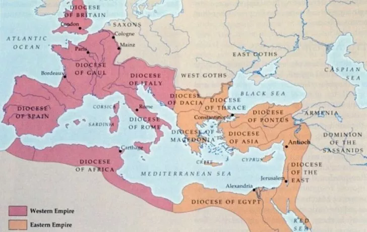 Карта, на которой изображены две империи древних римлян, в основном населявших страны Средиземноморья