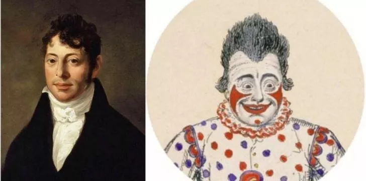 Изображение первого знаменитого клоуна Джозефа Гримальди в роли себя и в роли клоуна