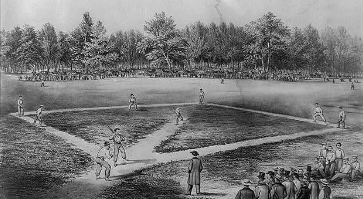 Черно-белая иллюстрация бейсбольной игры XIX века