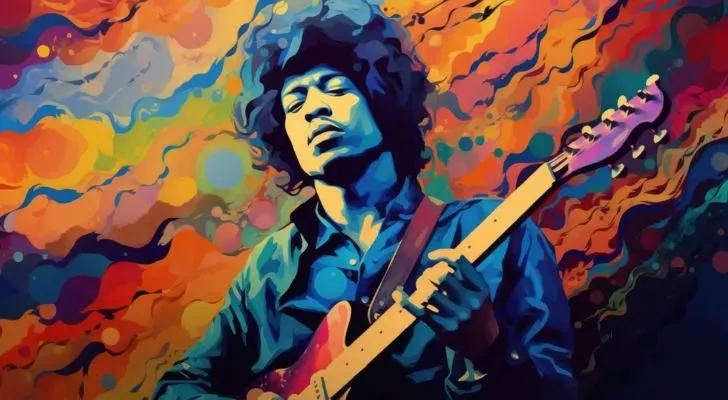 Психоделическая картина с изображением Джими Хендрикса, играющего на гитаре