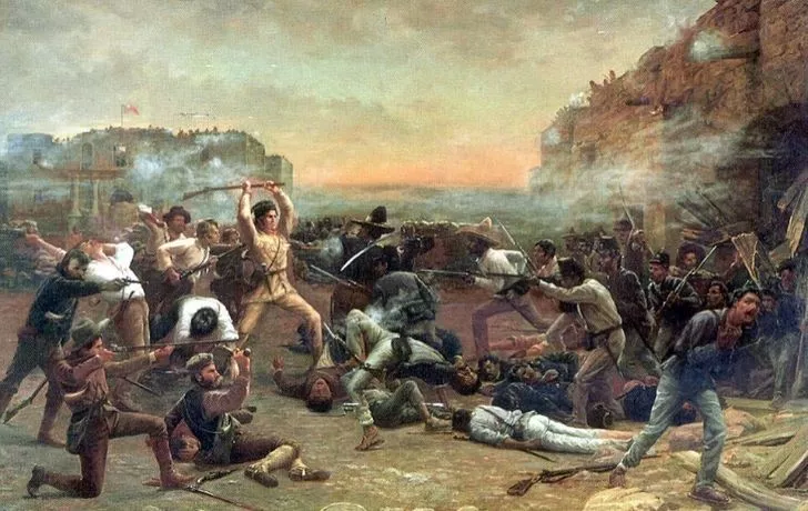 Иллюстрация людей, сражающихся во время битвы при Аламо