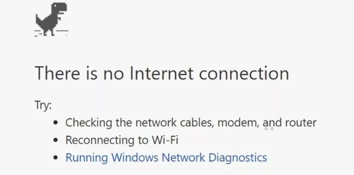 Снимок экрана веб-браузера с надписью 'Нет подключения к Интернету'